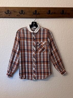 vintage felice Plaid Button-Down Shirt with White mandarin Collar